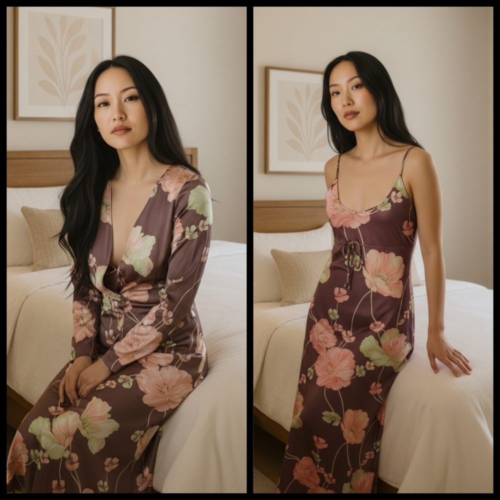 VTG Long Slip Babydoll Dress Brown 2 Pc Robe Set Peach Sz S Loungewear 70s Nylon - Picture 1 of 16